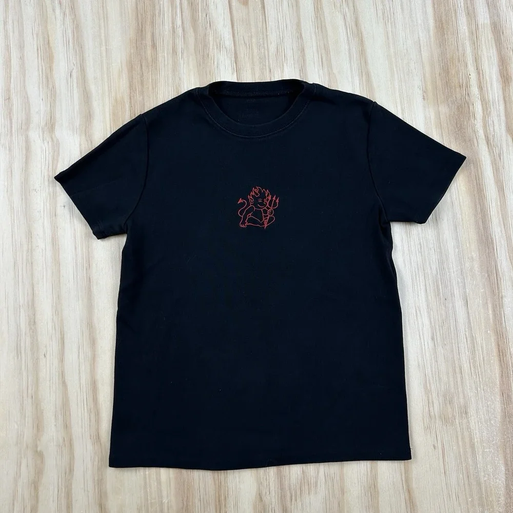 John Galt Women's Medium Black Heavyweight Fitted Baby Tee Devil Graphic Y2K